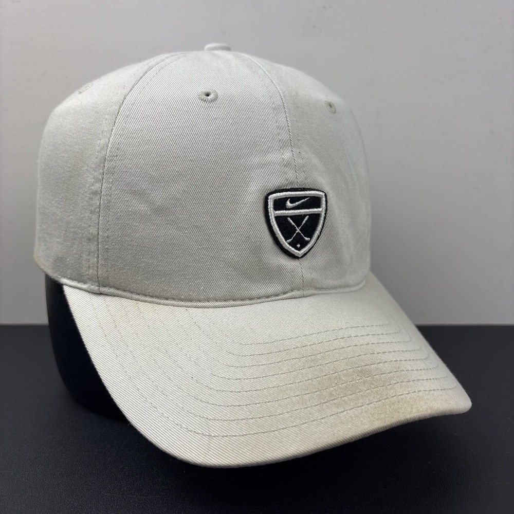 Vintage Y2K Nike Golf Shield Crest Logo Beige Strapback Hat Adjustable Dad Cap